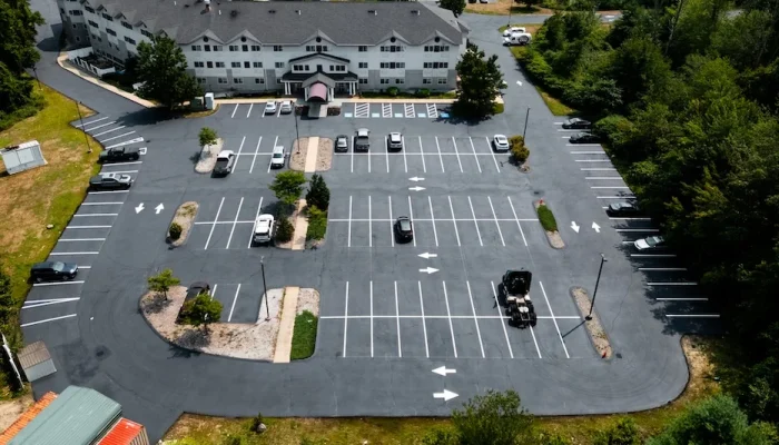 Aerial view of completed parking lot line striping