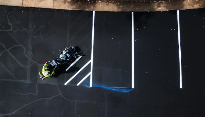 Aerial view of line striping in parking lot