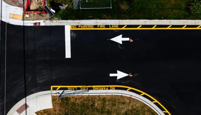 Aerial view of line striping on pavement road